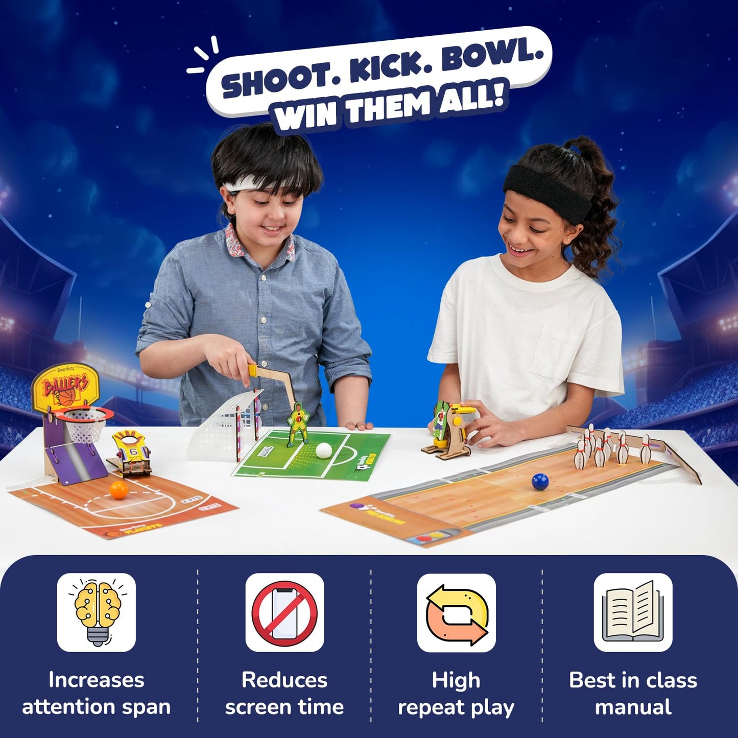 Smartivity 3-in-1 Multi Sports Kit | DIY STEM Wooden Construction Game | Build and Play Basketball, Bowling, and Ring Toss Games | Educational Toy for Kids | 6+ Years