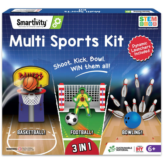 Smartivity 3-in-1 Multi Sports Kit | DIY STEM Wooden Construction Game | Build and Play Basketball, Bowling, and Ring Toss Games | Educational Toy for Kids | 6+ Years