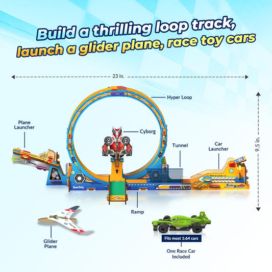 Smartivity Turbo Loop Track toy set packaging with toy cars and track on a blue background
