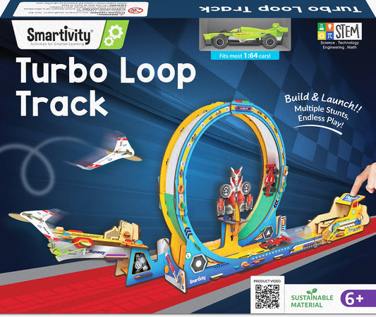 Smartivity Turbo Loop Track toy set packaging with toy cars and track on a blue background